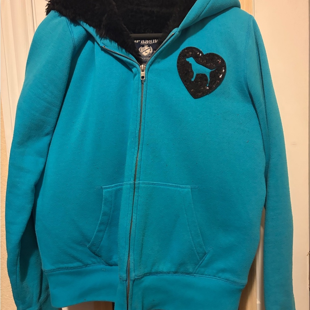 Victoria’s Secret Pink Teal Hoodie with Heart Sequins size L